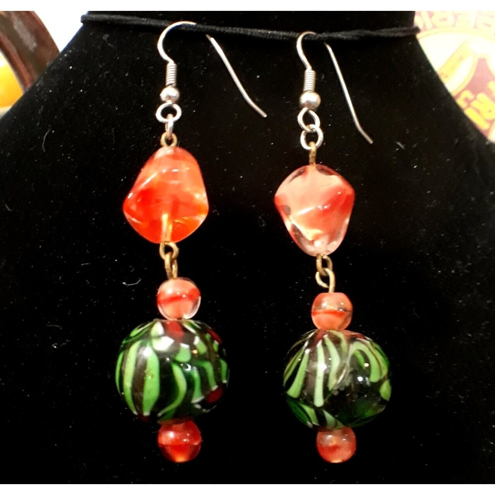Beautiful Art Glass Bead Dangle Earrings Green Pink 2.75"L